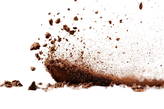 Dust and debris particles scatter dramatically in a high-energy explosion captured in transparent background, showcasing the power and movement of natural elements in motion