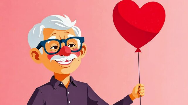 Smiling elderly mustachioed man in glasses holds red heart-shaped balloon in hand, cartoon vector animation style, pink background. Love and romance concept