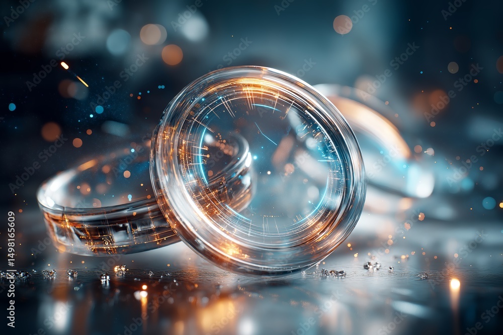 Poster set of futuristic smart rings with glowing digital circuits and detailed cybernetic designs on refle