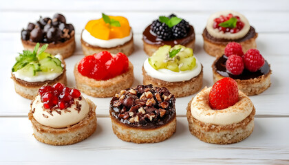 Many different delicious canapes on a white wooden table, close-up