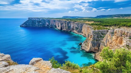 Scenic Coastal Cliffs with Clear Blue Water under Bright Sky