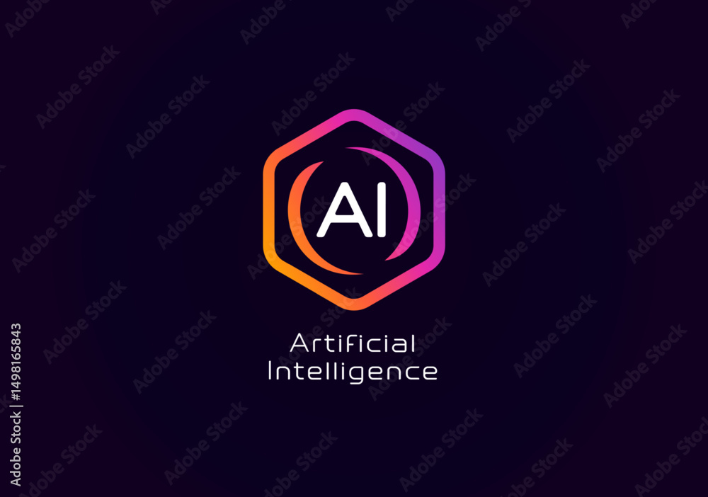Poster artificial intelligence logo with hexagon frame and curved color brackets, modern glowing style. per