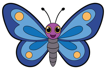 Cartoon Butterfly with Blue Wings, Purple Head, Smiling Face, and Orange Circles
