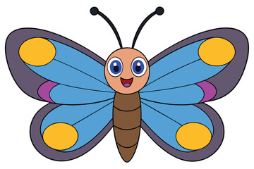 Cartoon Butterfly with Blue Wings, Golden Spots, Antennae and a Cheerful Facial Expression