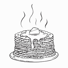 Line drawing fried thin pancakes with a slice of butter on the plate doodle outline. Vector logo. Traditional Russian Crepes Blini. Black and white pancakes isolated illustration.