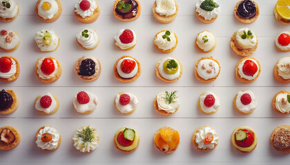Obraz premium Many different delicious canapes on a white wooden table, close-up