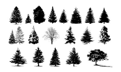 Christmas tree silhouette various styles, vector illustration, holiday season icon, festive decor, winter symbol, pine needles outline, Xmas celebration, evergreen tree art, seasonal cutout design.