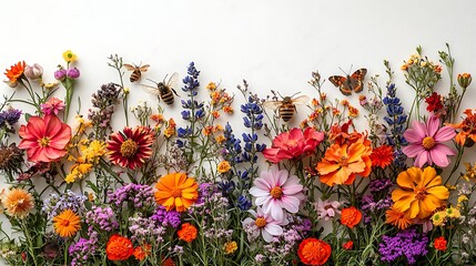 Vibrant floral arrangement showcasing assorted wildflowers with bees and a butterfly on white image