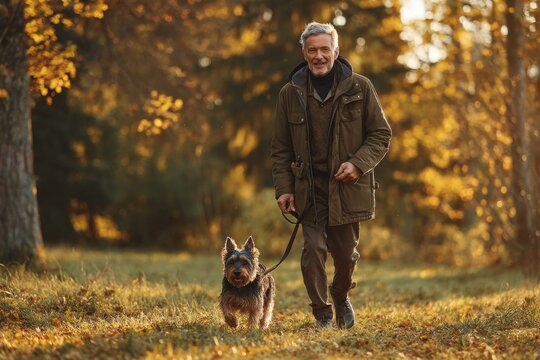 A happy senior man walking a dog in the golden light of autumn in the forest, enjoying nature and healthy lifestyle, bonding with pet friend, outdoor leisure activity.