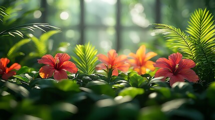 Vibrant red hibiscus flowers blooming amidst lush green foliage with natural sunlight image