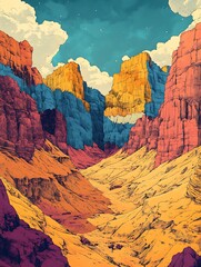 Vibrant illustration of a colorful canyon landscape with dramatic sky in digital image art