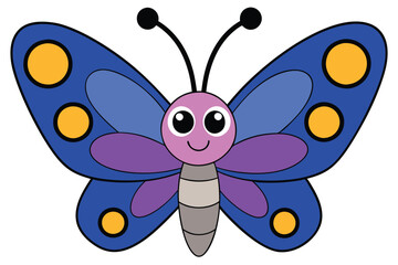 Cartoon Butterfly with Large Eyes, Blue Wings, and Yellow Circles Illustration