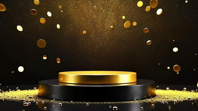 Minimal gold and black scene with podium. Round stage mockup for presentation and promotion, 3d render, falling golden confetti