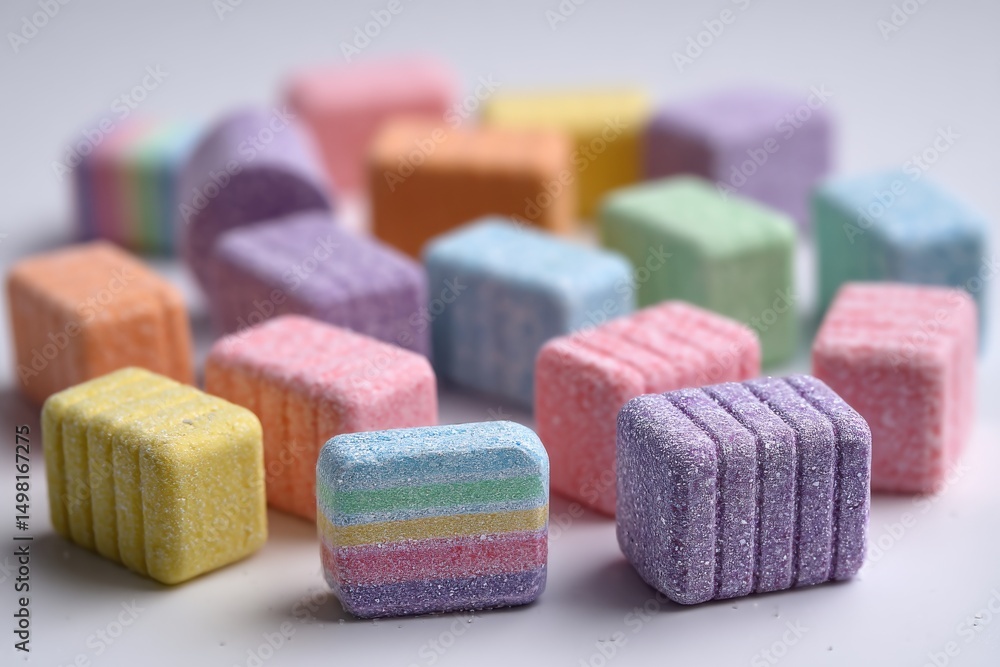 Poster close-up of colorful rectangular candies with sugar coating, arranged on a white surface creating a 
