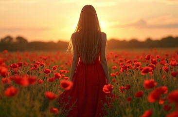 Obraz premium Woman in Red Dress in Poppy Field at Sunset