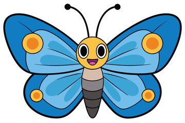 Cartoon Butterfly with Blue Wings, Yellow Circles, and a Smiling Face Vector Illustration