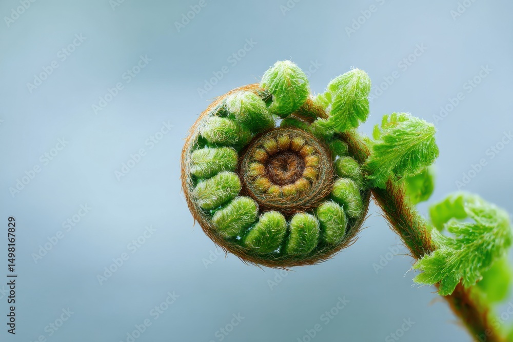 Poster a captivating macro photograph of a curled fern frond displaying its intricate spiral pattern and de