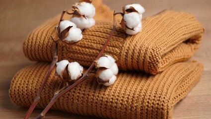 Folded golden sweaters with cotton sprigs on a wooden surface