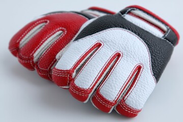 A macro shot of a heavy-duty black leather work glove with red accents and stitching, presenting a texture and close-up of industrial safety equipment.
