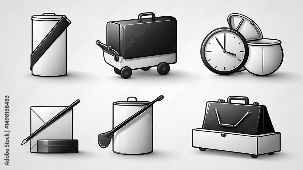 Poster a collection of six stylized black and white icons depicting various everyday objects in simple form