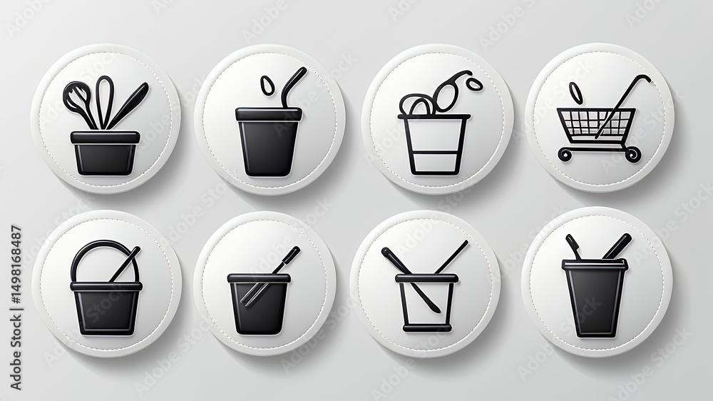 Poster collection of icons depicting various containers and objects on white circular backgrounds
