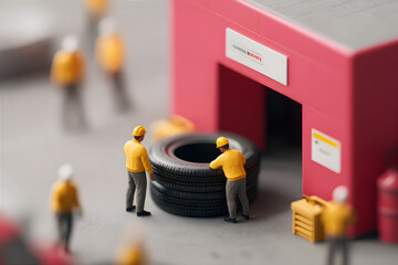 Tire shop. Craftsmen around the wheel. Miniature city. Tilt shift effect