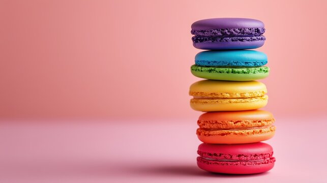 A colorful pile of rainbow macarons stacked on a solid pastel background. Bright, vibrant colors pop, making it perfect for Pride Month or festive promotional visuals.