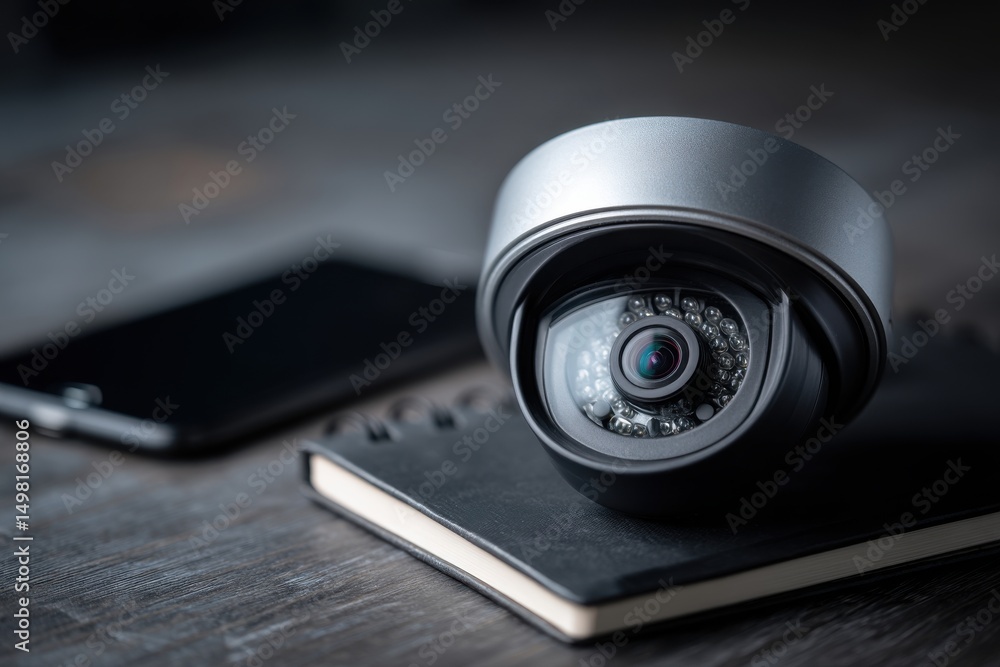 Poster security camera with a dome shape, on a black notebook, placed on a wooden table, with a blurred sma