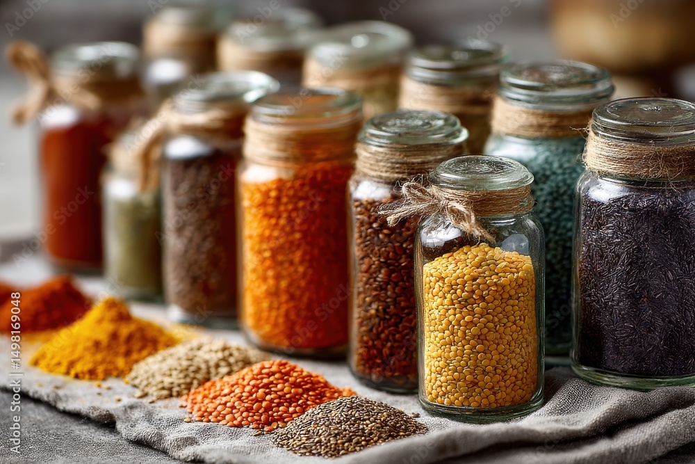 Poster a colorful array of spices and lentils in glass jars with rustic twine, showcasing a variety of text