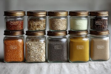 An eye-level close-up of ten glass jars filled with different grains and seeds, each bearing a unique label and golden lids, creating a textured and colorful composition.