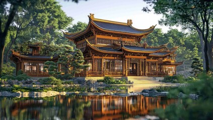 Serene Chinese Garden House Reflection