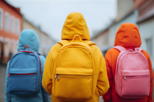 Back to school. Children with colorful backpacks walk on their way to school.