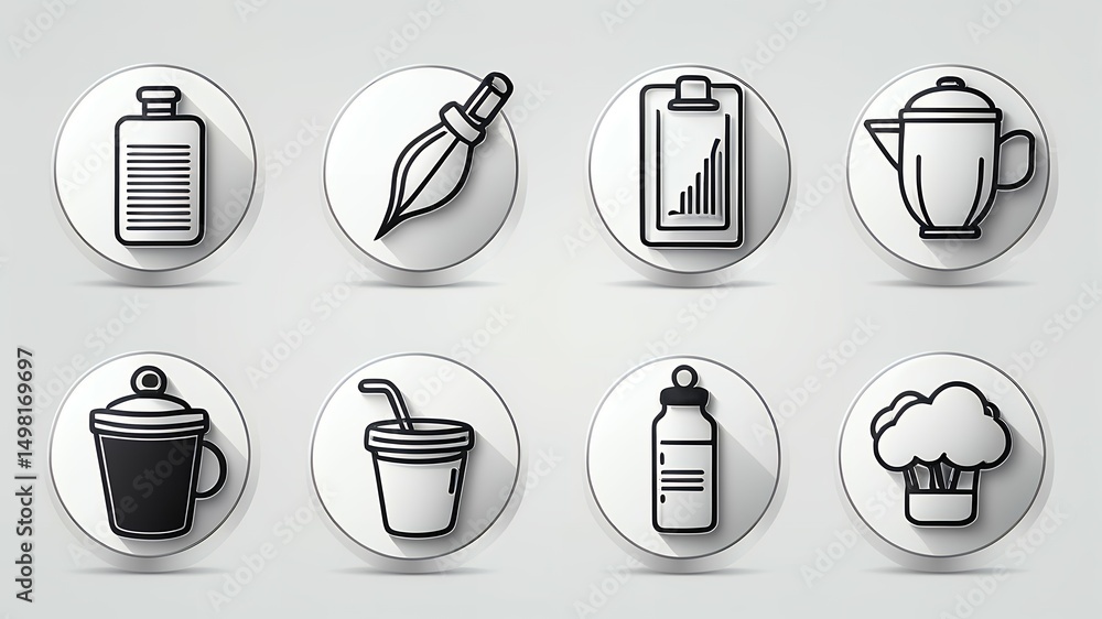 Poster a collection of eight circular icons featuring various objects on a white background design style