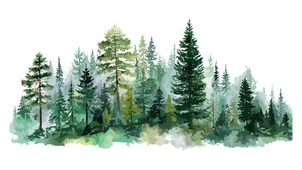 Watercolor mountain landscape, forest pine trees, woodland scenery, green forest, nature illustration, vector illustration, outdoor scenery, wilderness art, eco landscape.