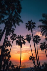 Obraz premium Palm trees at sunset by tropical ocean 