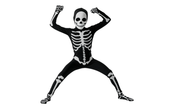 Child in skeleton costume striking a scary pose for a spooky Halloween celebration Isolated on Transparent Background PNG