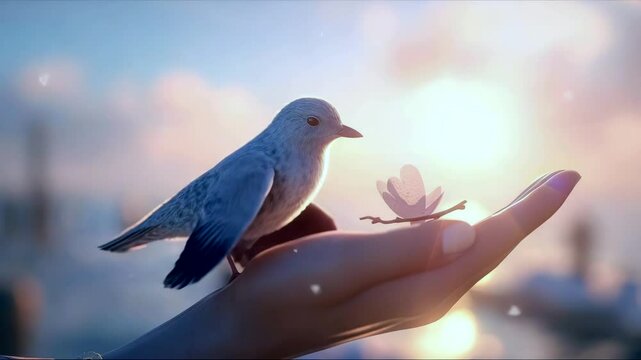  A tiny bird perches gently on a hand, flapping its wings gracefully. This captivating moment showcases the beauty of nature and the bond between humans and wildlife.