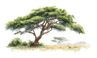 Vector illustration, watercolor art of southern savannah tree, African landscape drawing, natural habitat, wild nature scene, tropical flora, ecological environment, outdoor wilderness.