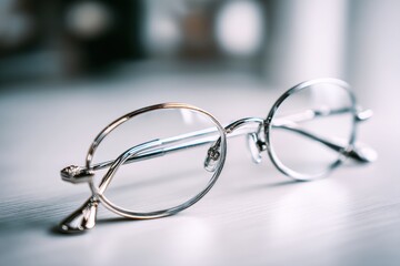 Close-up of stylish round eyeglasses with silver and gold frames resting on a white surface, creating a soft and elegant aesthetic emphasizing clarity and sophistication.