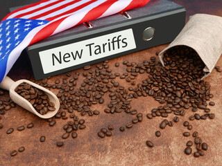 Tariff on Coffee America: File folder with American flag, coffee beans and the text new tariffs.