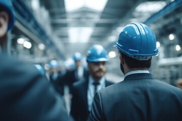Engineers in blue helmets walking in factory	