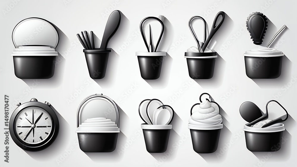 Poster a monochrome illustration featuring various objects in containers on a white background