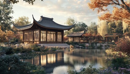 Naklejka premium Serene Autumn in a Chinese Garden