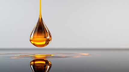 A single droplet of golden oil hangs momentarily in the air, creating ripples as it prepares to fall onto a smooth reflective surface below. The setting is minimalistic and serene