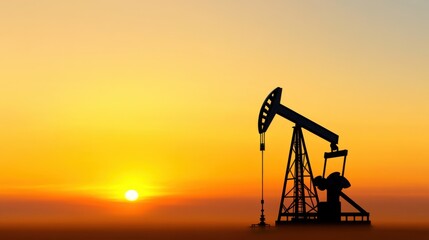 An oil pump jack stands against a vibrant sunset, silhouetted against the horizon. The sun casts warm colors across the sky, highlighting the energy production process in a serene setting