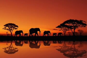 Fototapeta premium Elephants walking at sunset with acacia trees 