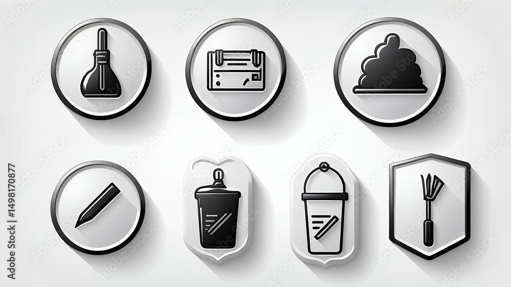 Poster a collection of six black and white icons featuring various tools and objects on a white background