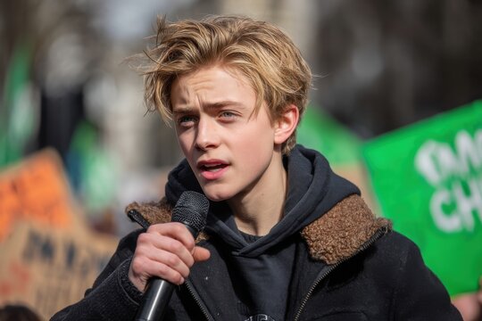 A portrait of a confident teenage boy speaking into a microphone during a youth activism event, demonstrating passion and commitment for climate change awareness.