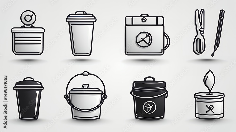 Poster a collection of eight different icons featuring various containers and household objects in black an