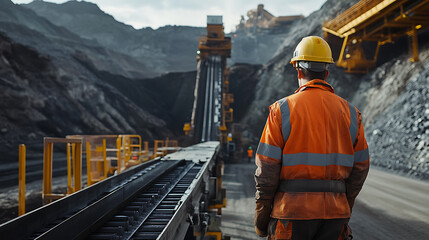 Miner in Hard Hat Overlooking Industrial Mining Site
